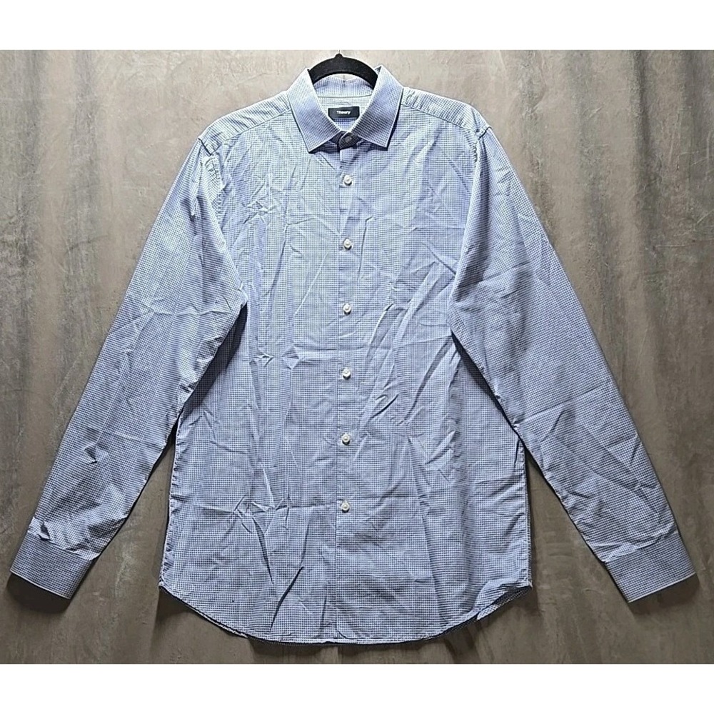 Theory Shirt Mens Large 16‎ White Purple Plaid Barrel Cuff Cotton Slim Fit